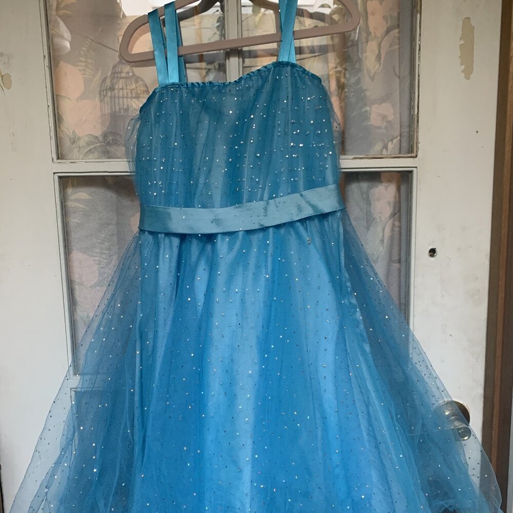 Dance Costume Size 12 Blue Satin Dress Tulle Over Satin Skirt, Zip Back Closure